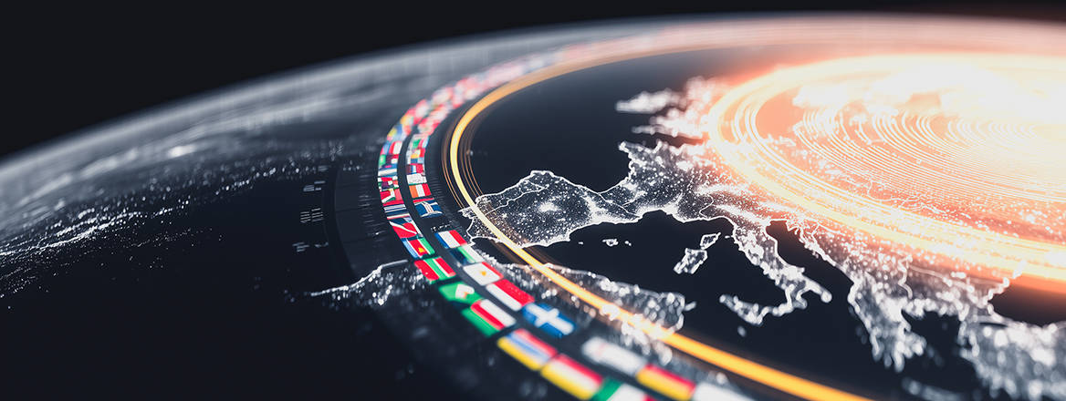 An AI-generated image of Europe with a ring of flags running around it. 