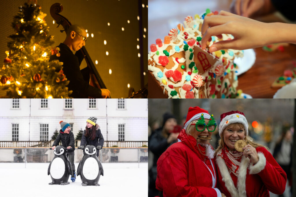 A celloist performing next to a Christmas tree at a Christmas Candlelight concert, a child making a gingerbread house, children ice skating on an ice rink in London and two women dressed as Santa Claus with medals after a Christmas Day fun run as things to do in London at Christmas