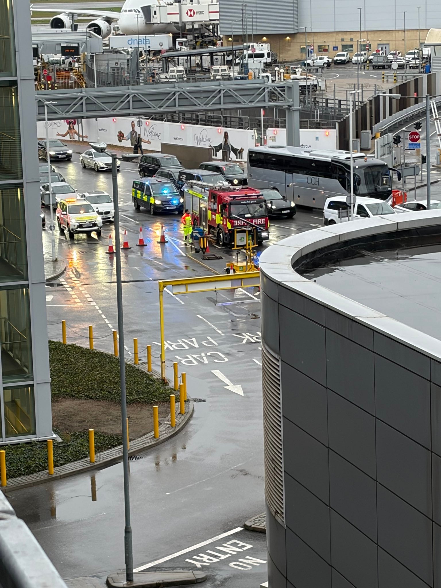 Images show emergency services at Heathrow Airport after a pepper spray attack on Sunday