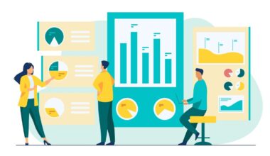 Office workers analyzing and researching business data vector illustration. Marketing analysts developing strategy. Business people studying infographics and diagrams on dashboard