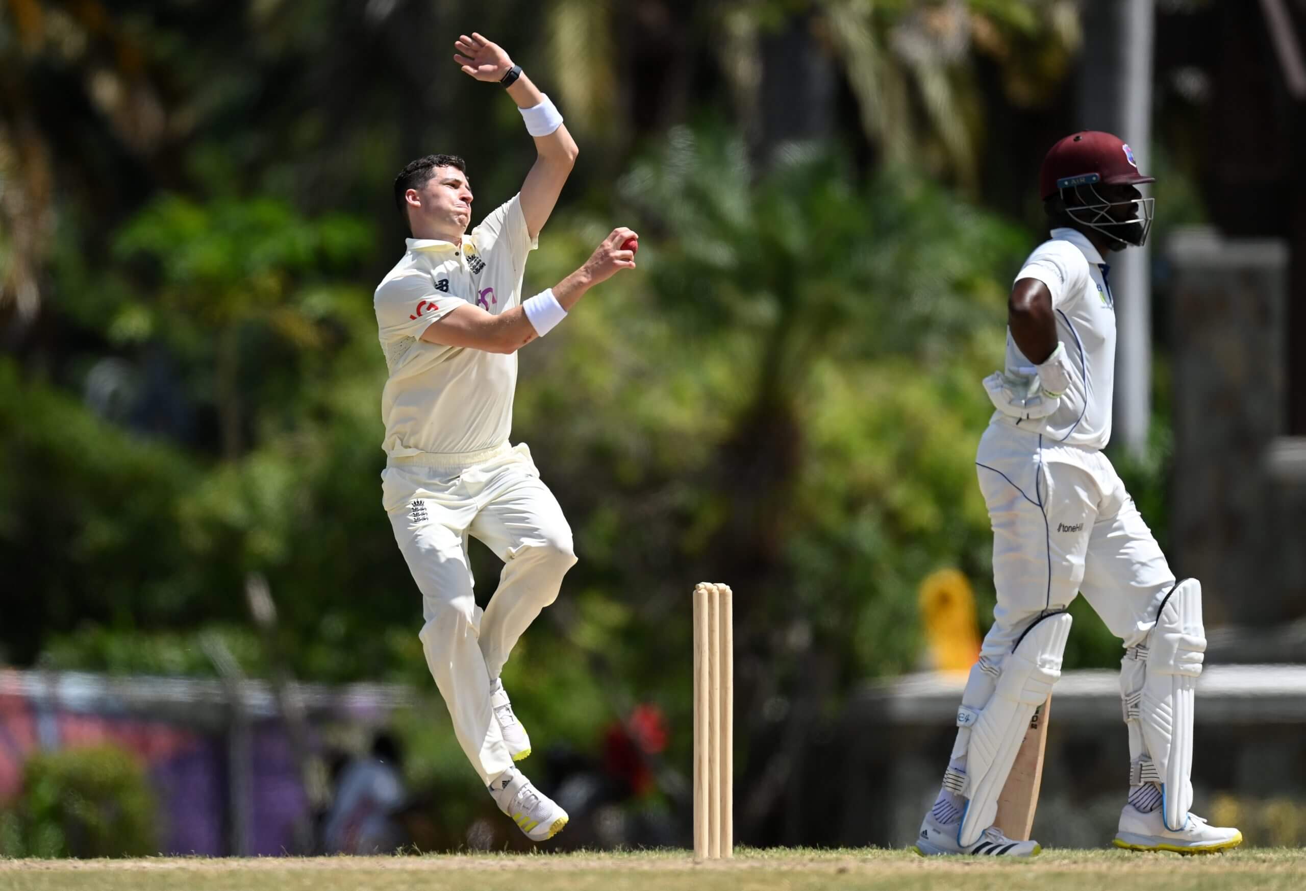 Matthew Fisher in his delivery stride in the West Indies on England's 2022 tour