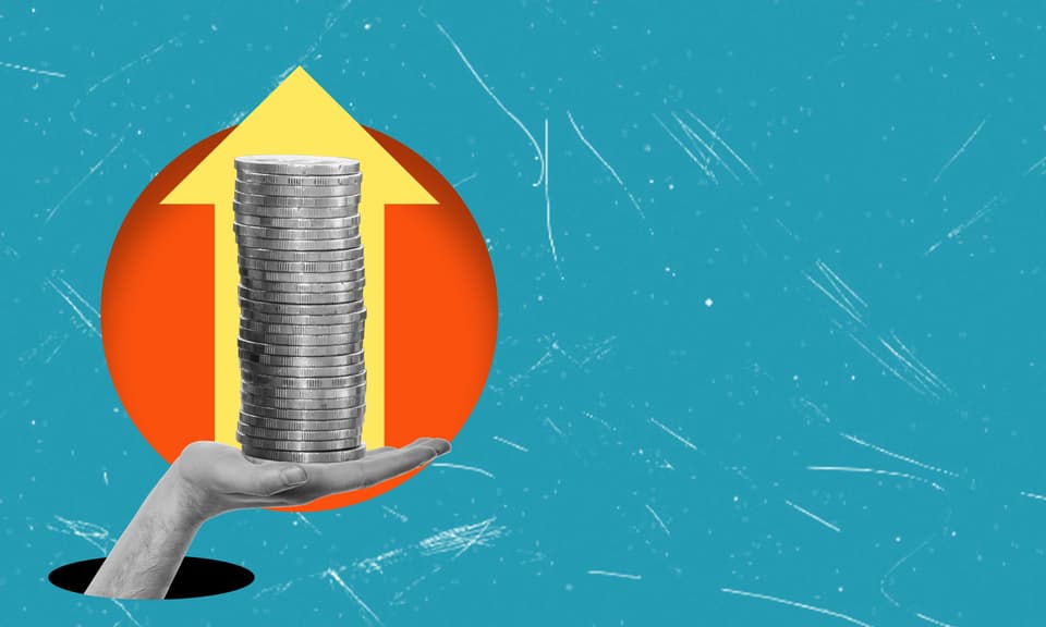 Modern art collage human hand palm holding a stack of gold coins and up arrow. Concept Assets currency trading earnings high-profit income.