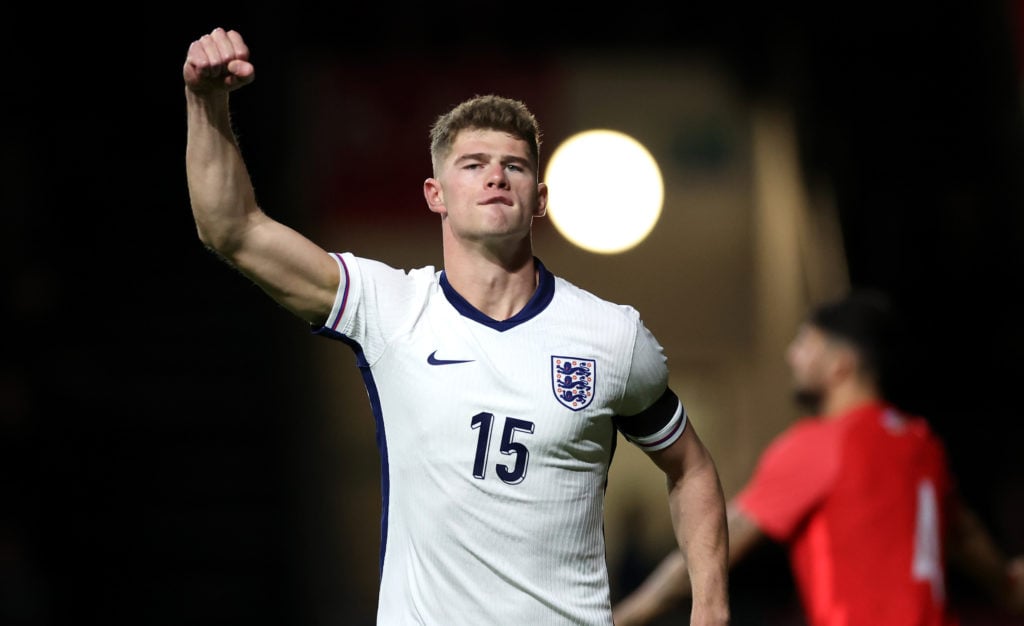 Charlie Cresswell celebrates scoring for England's U21 side against Azerbaijan.