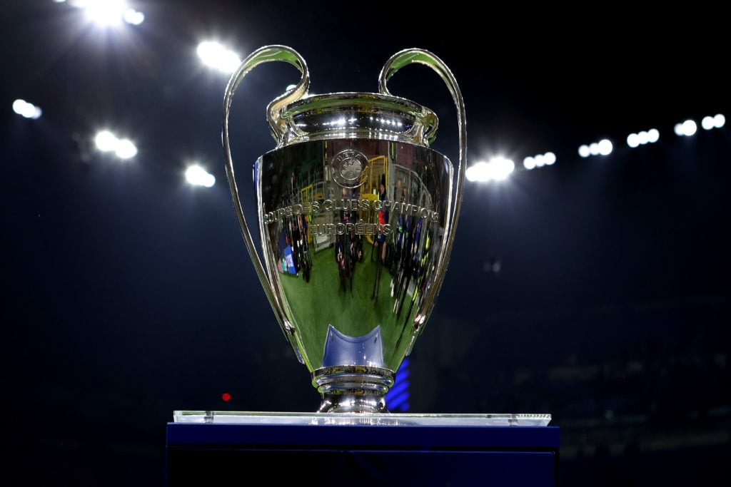 The UEFA Champions League trophy is displayed on a plinth before the final.
