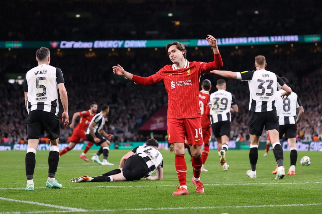 Federico Chiesa of Liverpool reacts during the Carabao Cup Final between Liverpool and Newcastle United at Wembley Stadium