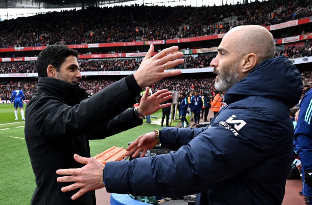 Enzo Maresca and Mikel Arteta embrace before Arsenal FC v Chelsea FC - Premier League