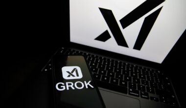 The Grok logo appears on a phone and the xAI logo is displayed on a laptop.