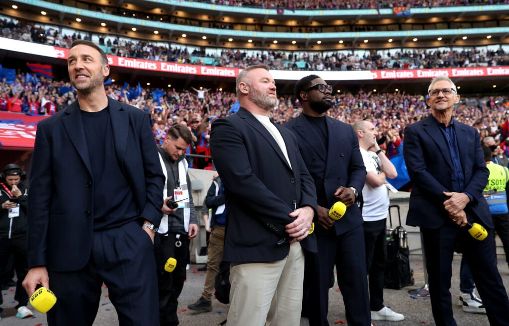 Former Crystal Palace player Glenn Murray, former Aston Villa player Micah Richards and former players Wayne Rooney and Gary Lineker look on while waiting to present the show during the FA Cup match between Crystal Palace and Aston Villa at Wembley Stadium In 2025 in London, England.