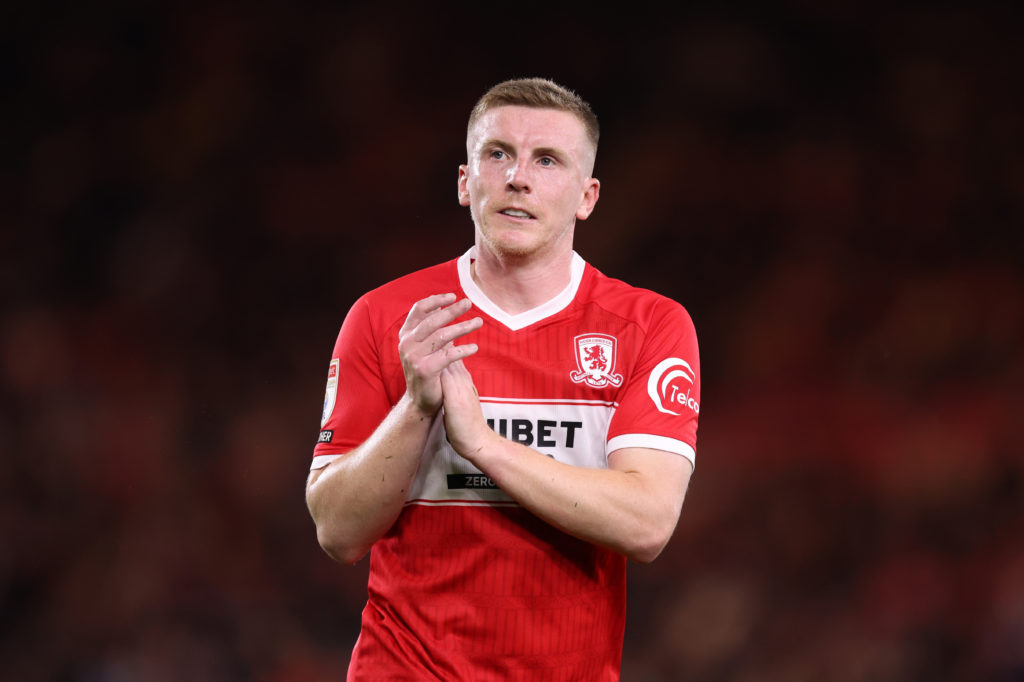 Matt Targett applauds the Middlesbrough fans during their game against West Brom in the Championship.
