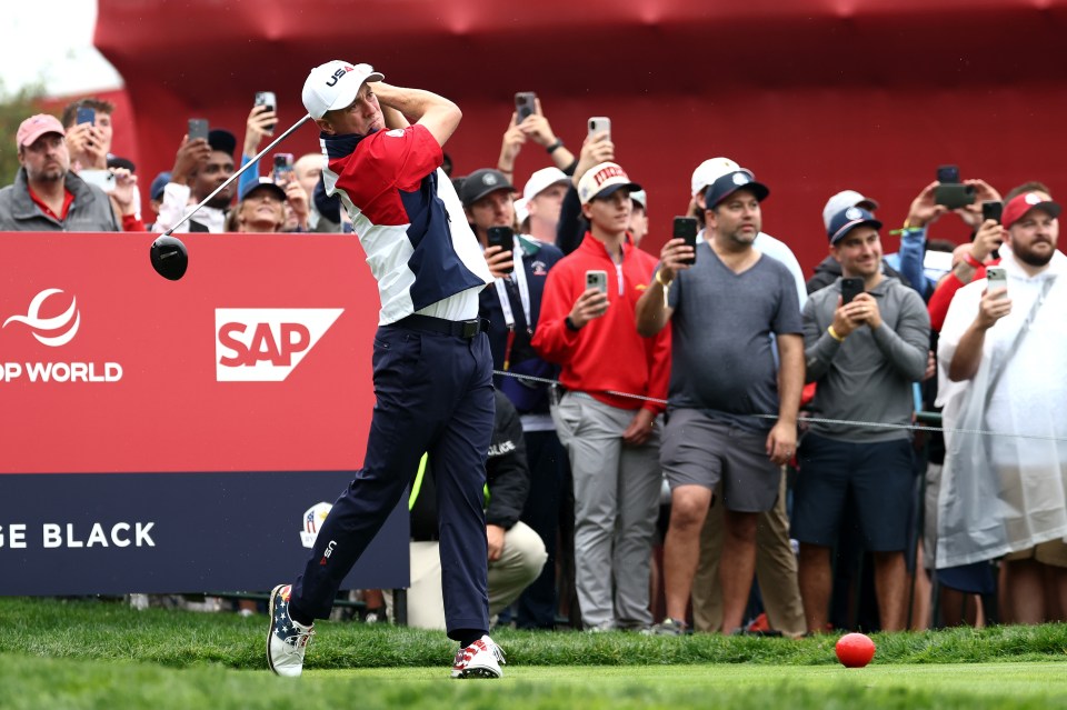 FARMINGDALE, NEW YORK - SEPTEMBER 25: Justin Thomas of Team United States plays his shot from the 15th tee during a practice round prior to the Ryder Cup 2025 at Black Course at Bethpage State Park Golf Course on September 25, 2025 in Farmingdale, New York. (Photo by Jared C. Tilton/Getty Images)