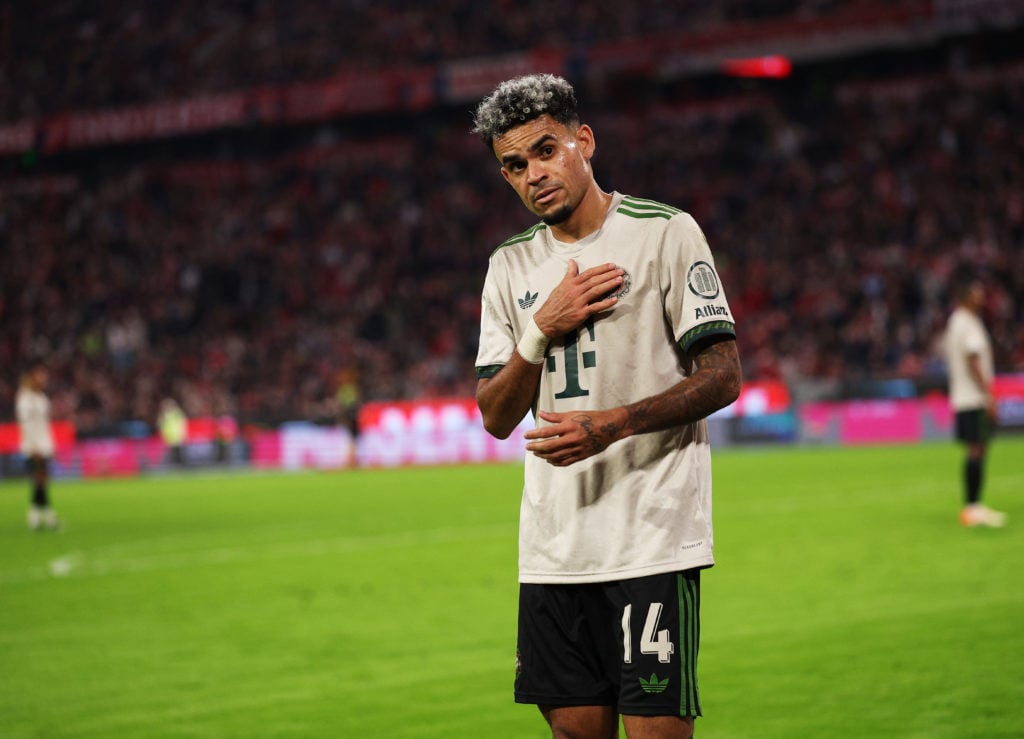 Luis Diaz addresses Bayern Munich fans during the Bundesliga match against Werder Bremen at the Allianz Arena.