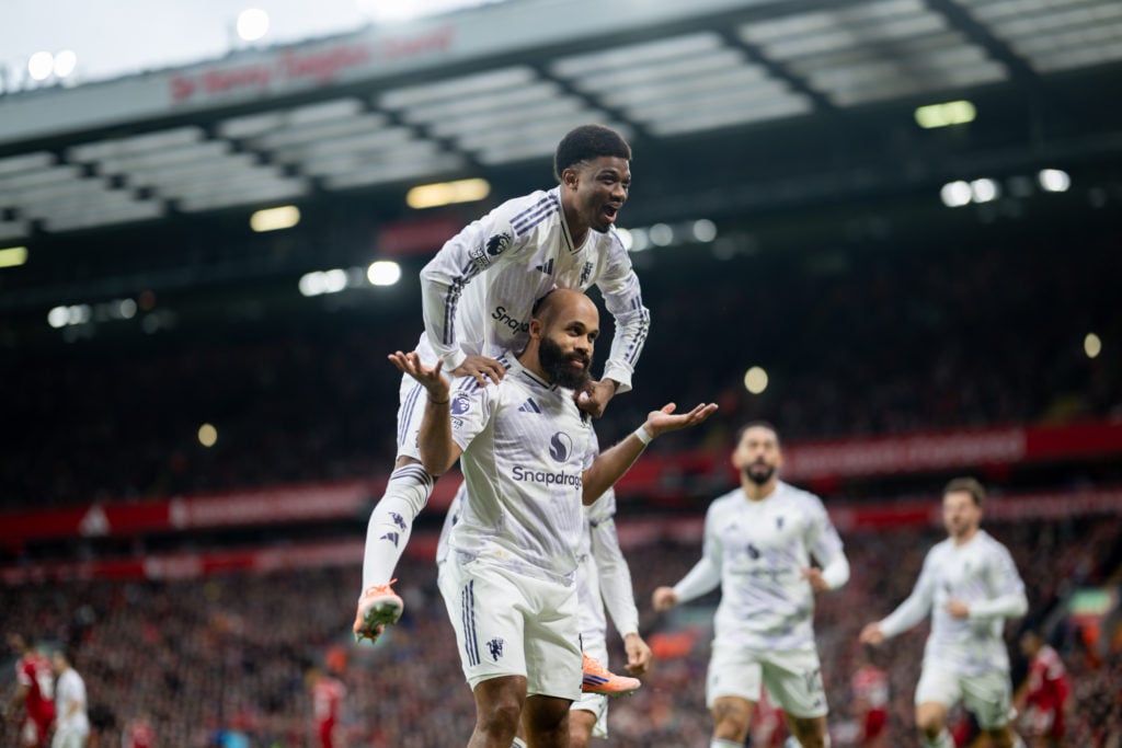 Bryan Mbeumo celebrates scoring for Manchester United vs Liverpool.