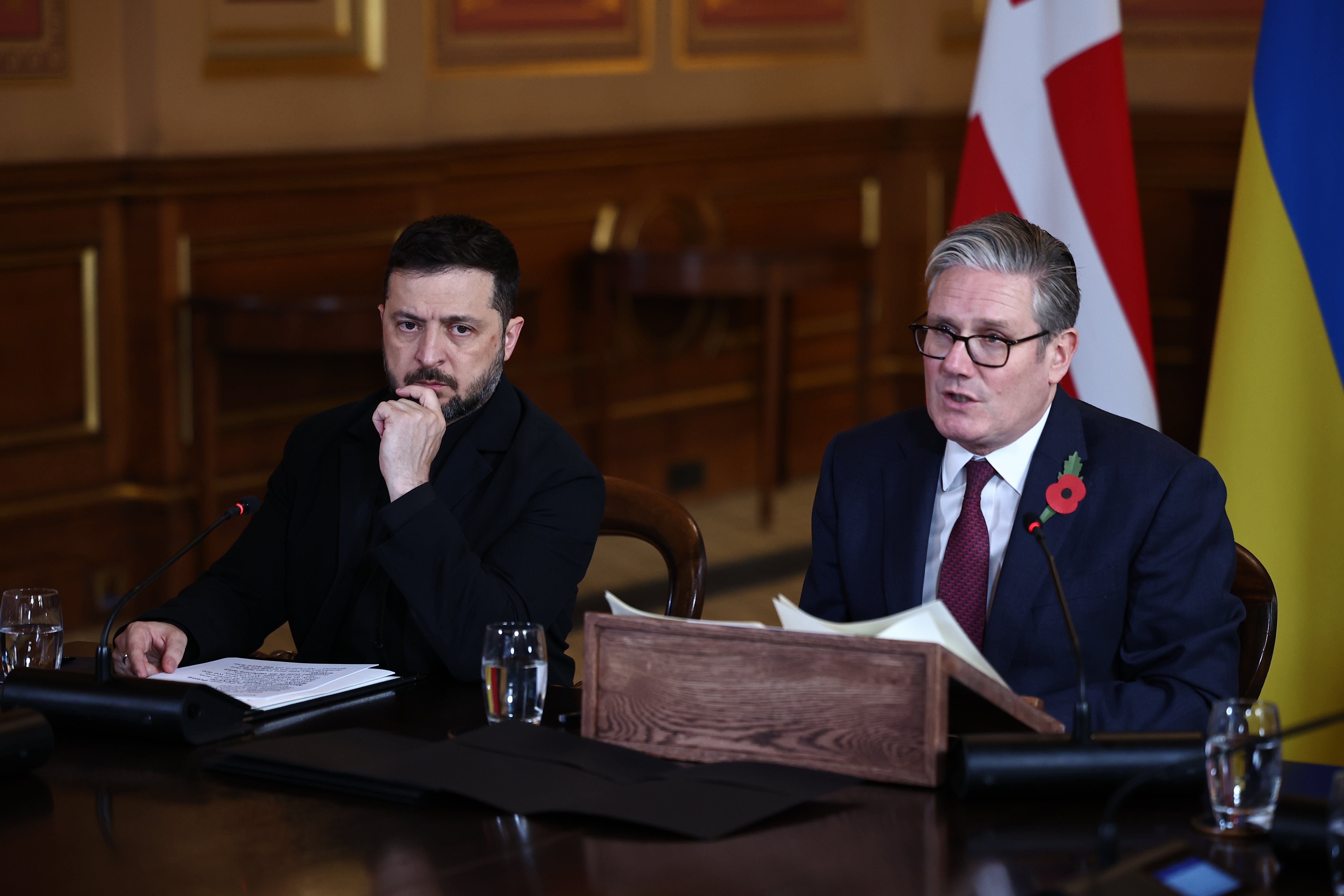 UK prime minister Sir Keir Starmer sits with Ukraine's president Volodymyr Zelensky