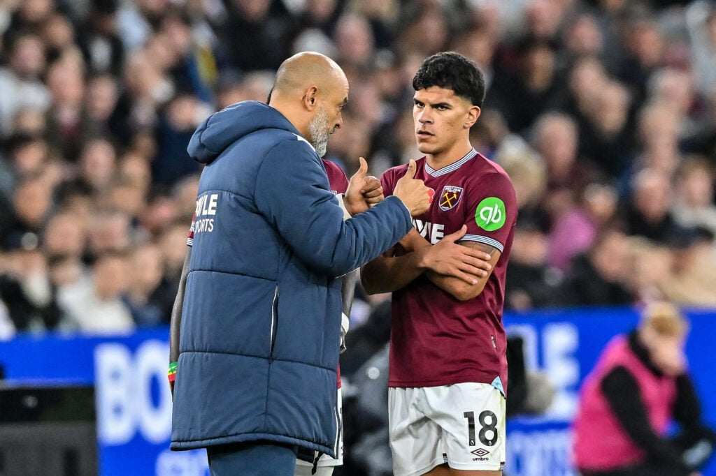 Mateus Fernandes and Nuno Espirito Santo during West Ham United v Burnley - Premier League