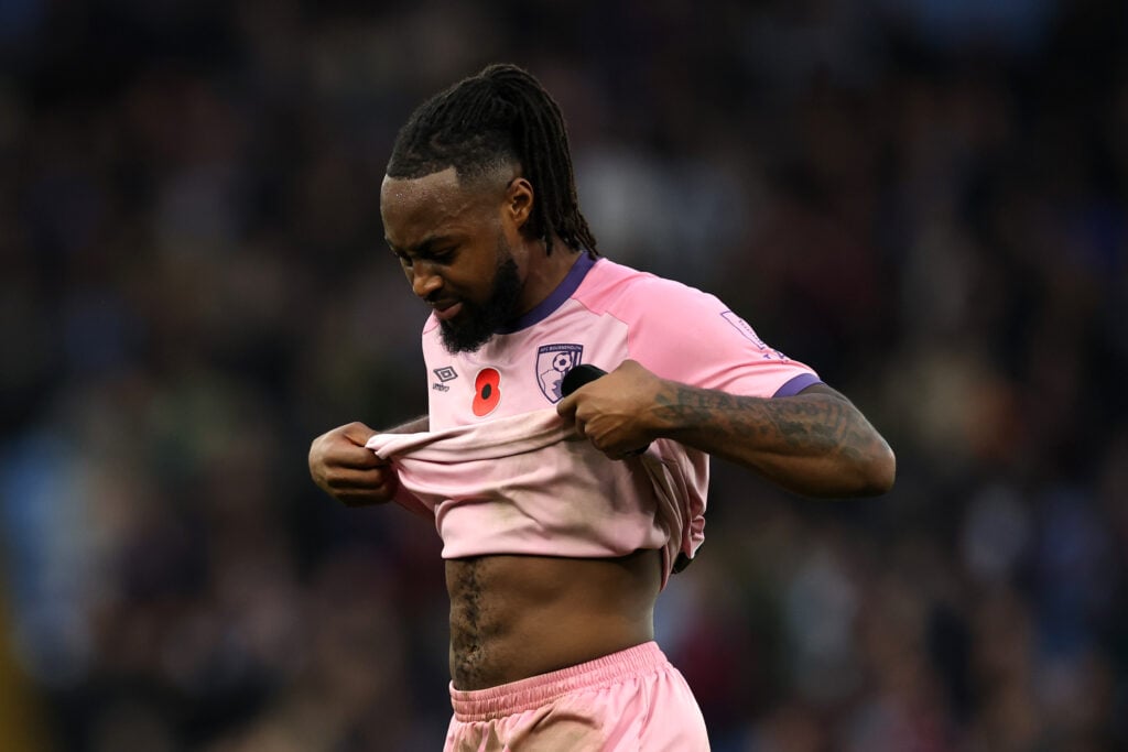 Antoine Semenyo reacts with disappointment during Bournemouth's Premier League match against Aston Villa at Villa Park.
