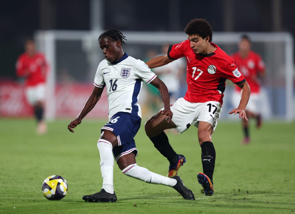 Bendito Mantato of England battles for possession with Abdelaziz Elzoghby of Egypt during the first stage Group E match between Egypt and England at Aspire Zone Pitch 7 on November 10, 2025