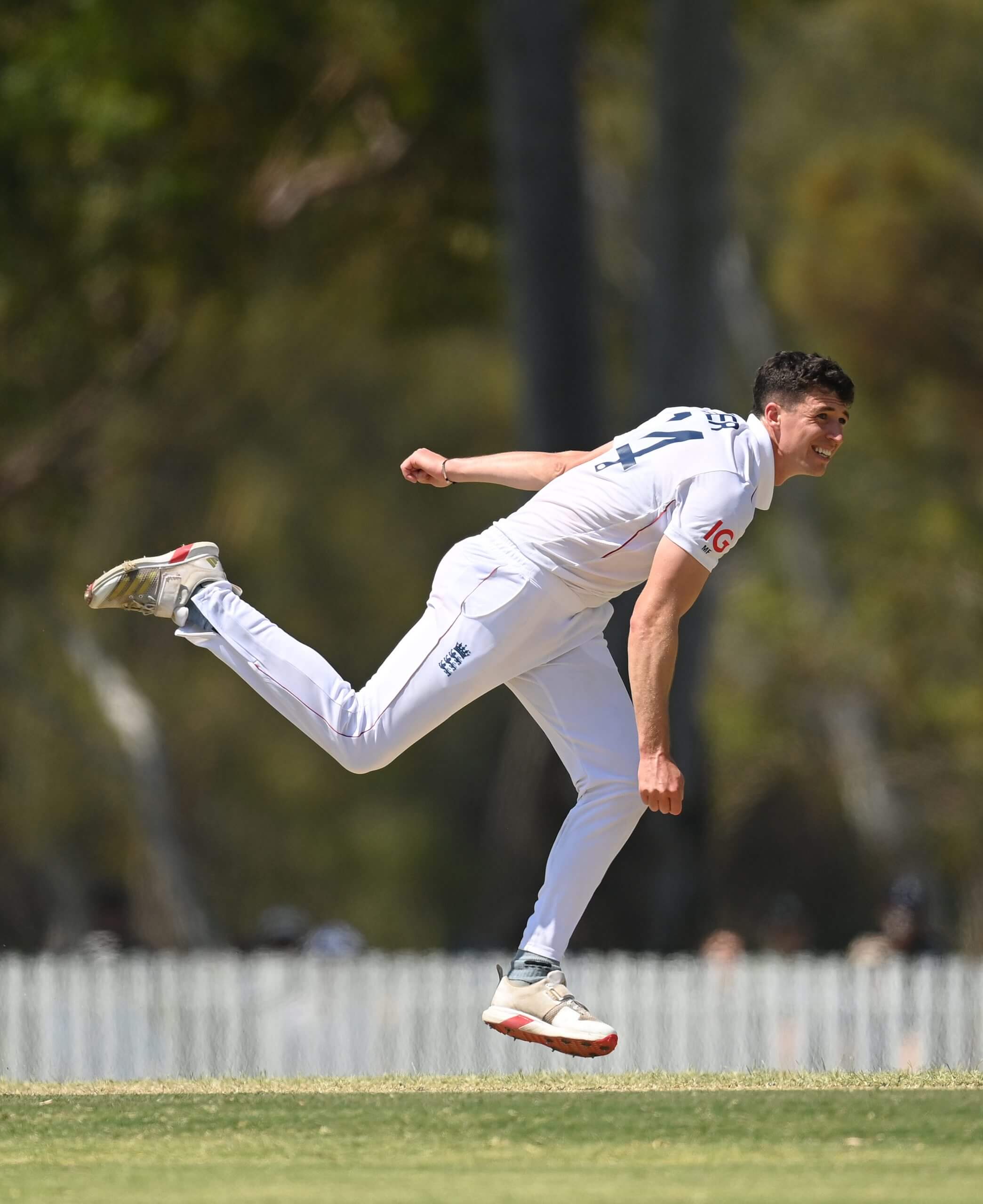 Matthew Fisher bowling for the Lions against England at Lilac Hill Park in Perth last month