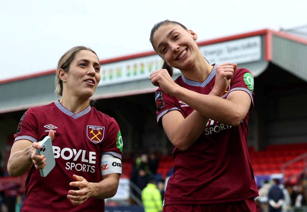 Amber Tysiak and Halle Houssein of West Ham United celebrates victory following the Barclays Women's Super League match between West Ham United and Everton at Victoria Park, Dagenham
