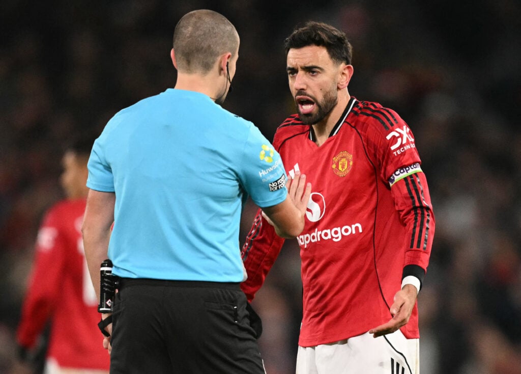 Bruno Fernandes remonstrates with the referee to try and win a penalty in Man United's draw with West Ham