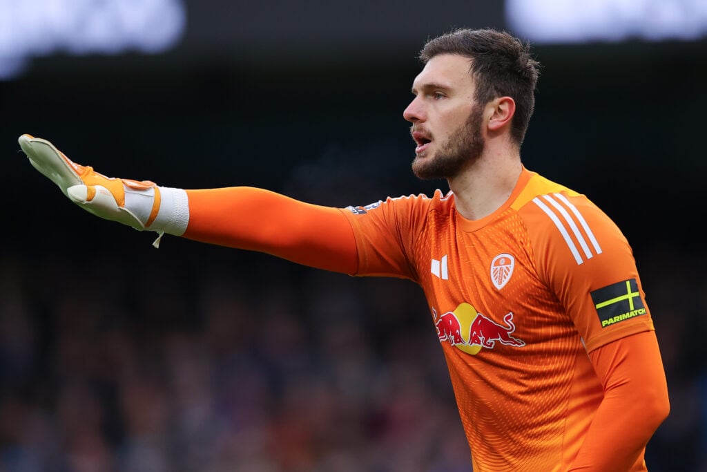 Lucas Perri speaks to his defence during Leeds United's clash with Manchester City