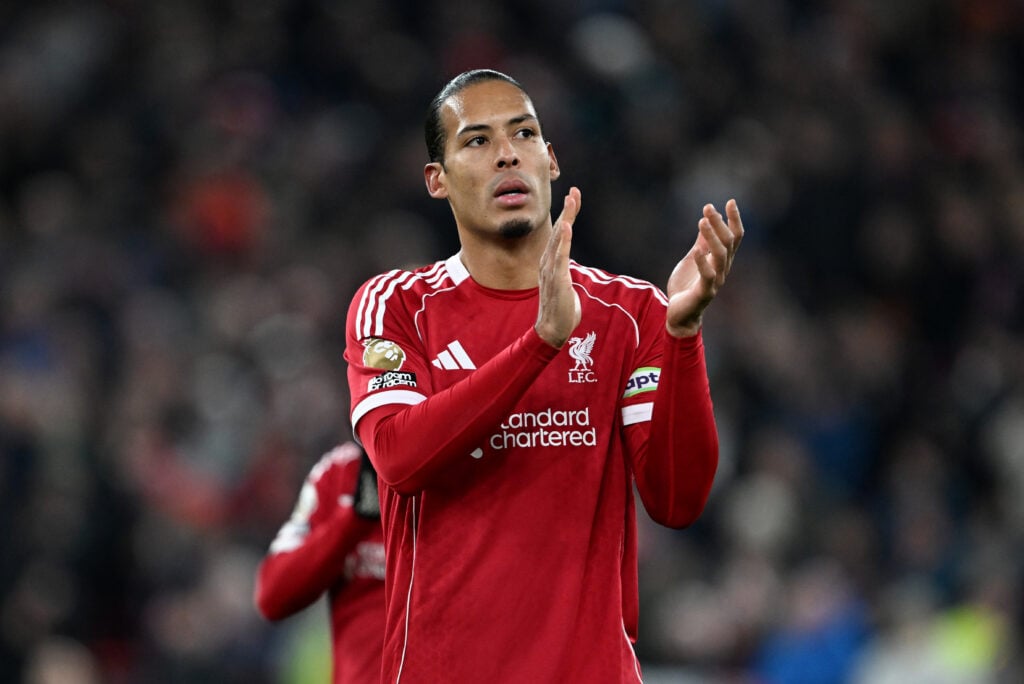 Virgil van Dijk applauds supporters after Liverpool's Premier League match against Sunderland at Anfield.