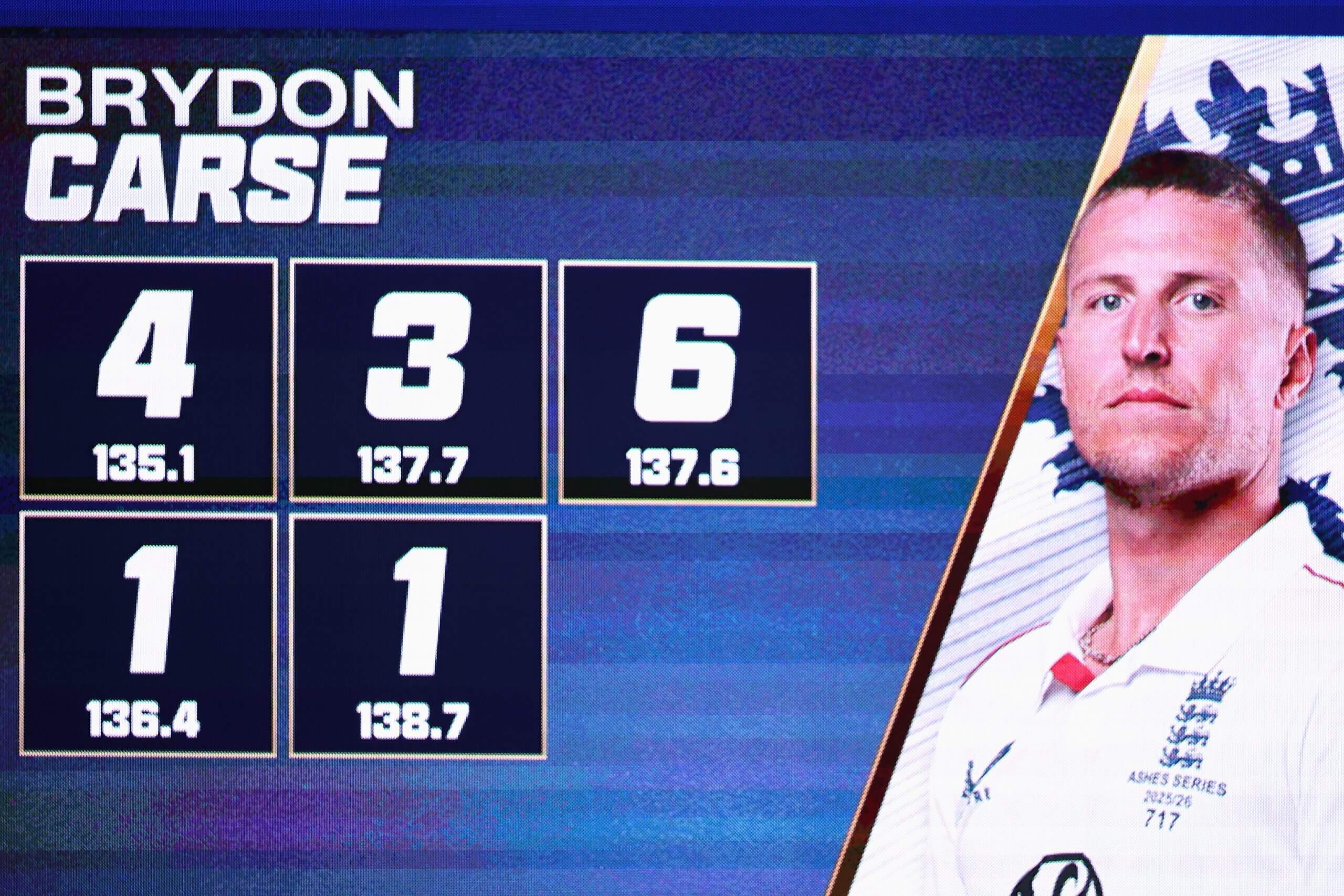 The big screen at the Gabba charts Australia's brutal treatment of the first five balls of a Brydon Carse over, reading four, three, six, one and one
