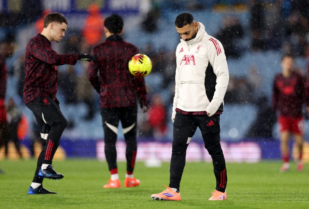 Mohamed Salah warms up ahead of Liverpool's Premier League match against Leeds United at Elland Road.