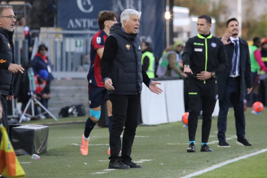 AS Roma coach Gian Piero Gasperini on the touchline against Cagliari for a Serie A match.