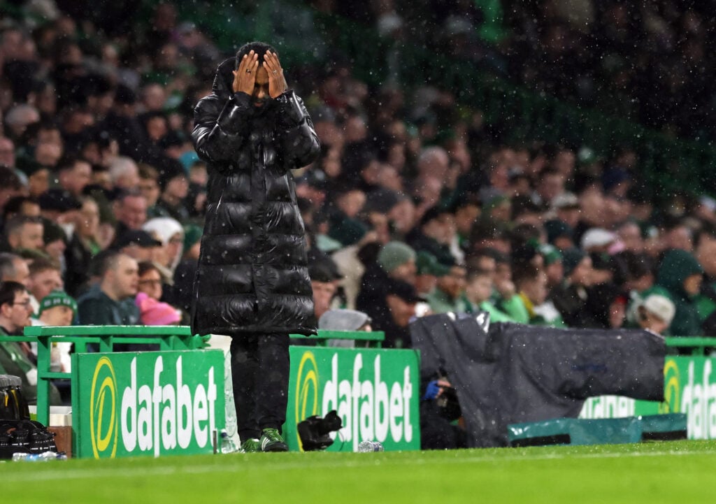 Wilfried Nancy with his head in his hands during Celtic's Premiership clash against Hearts.