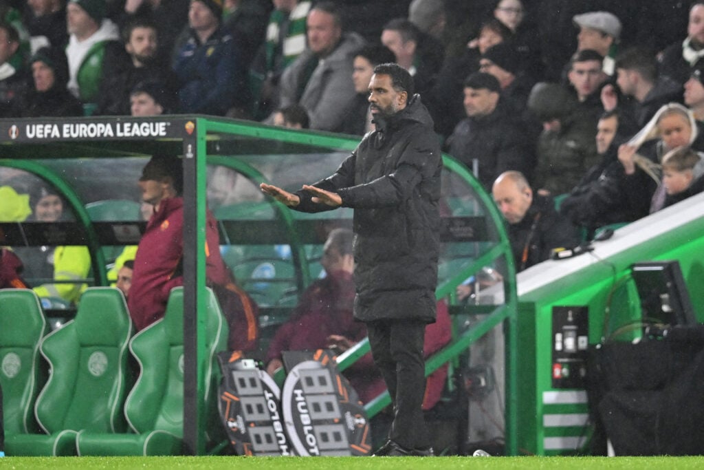 Wilfried Nancy on the touchline calling for calm during Celtic's Europa League clash against AS Roma.