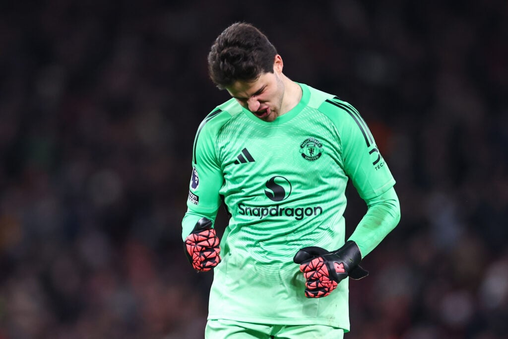 Senne Lammens celebrates during the Premier League match between Manchester United and Bournemouth at Old Trafford in 2025 in Manchester, England.