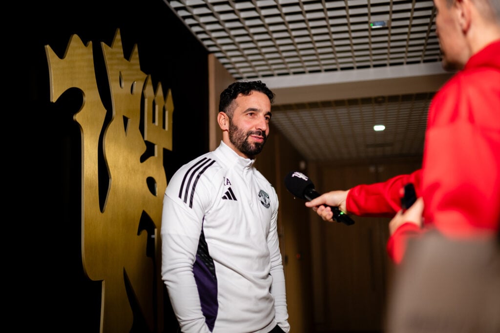 Manchester United manager Ruben Amorim is interviewed after a press conference at the Carrington training complex in 2025 in Manchester, England.