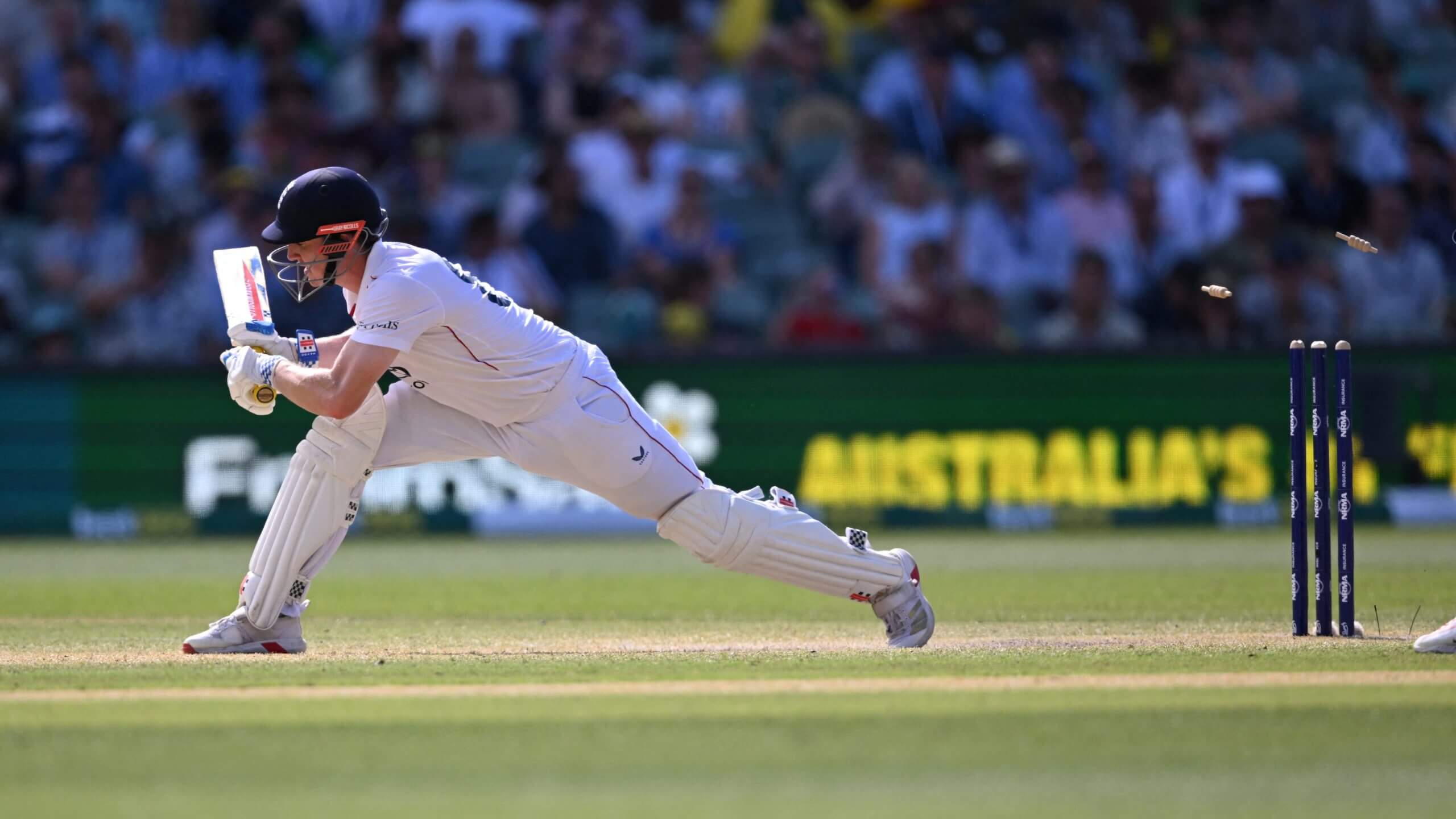 Harry Brook is bowled playing the reverse sweep in the second innings at Adelaide