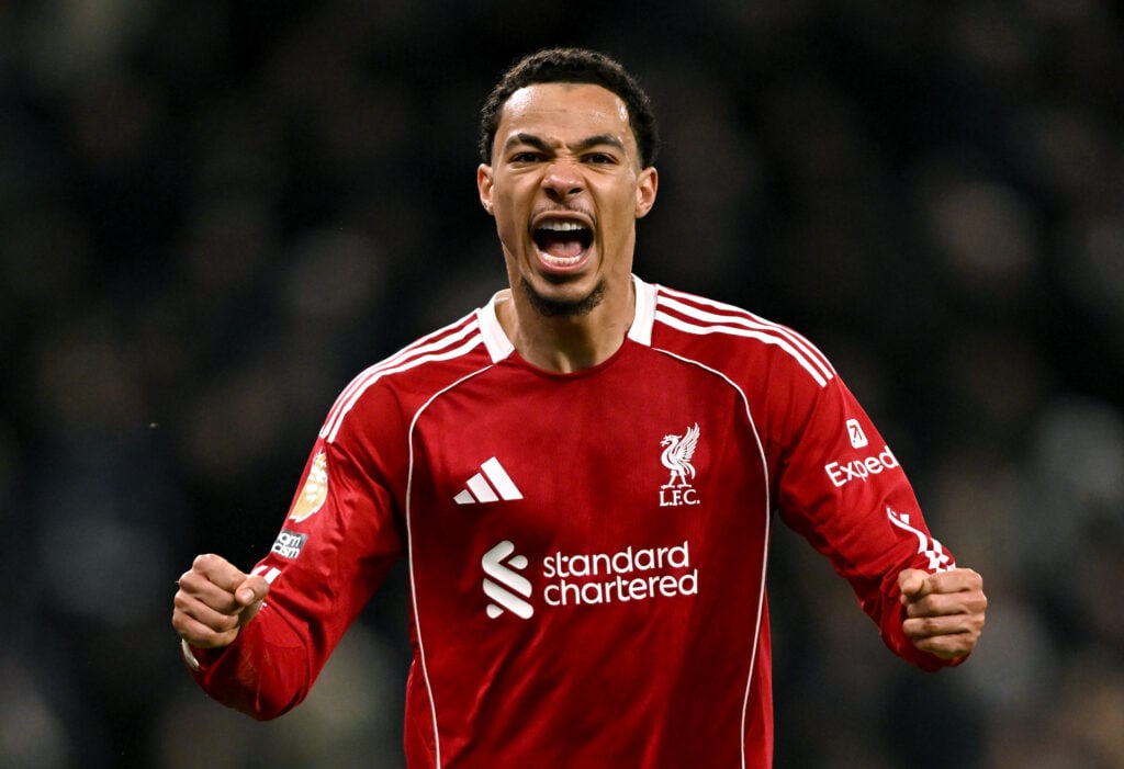 Hugo Ekitike celebrates on the pitch at full-time after Liverpool beat Tottenham Hotspur in the Premier League