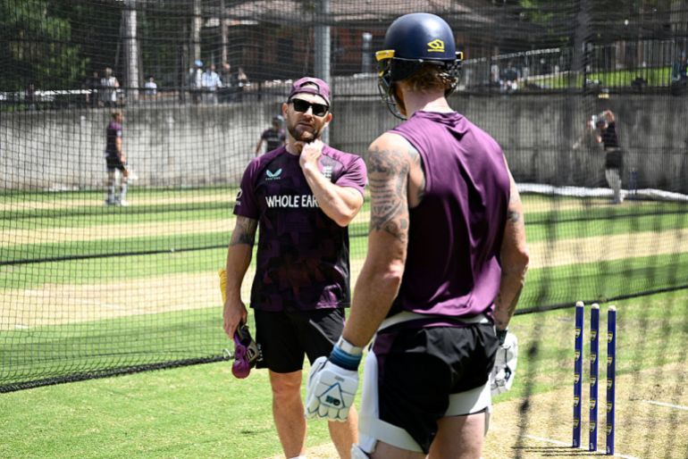 England captain Ben Stokes speaks with Brendon McCullum during an England nets session at Melbourne Cricket Ground