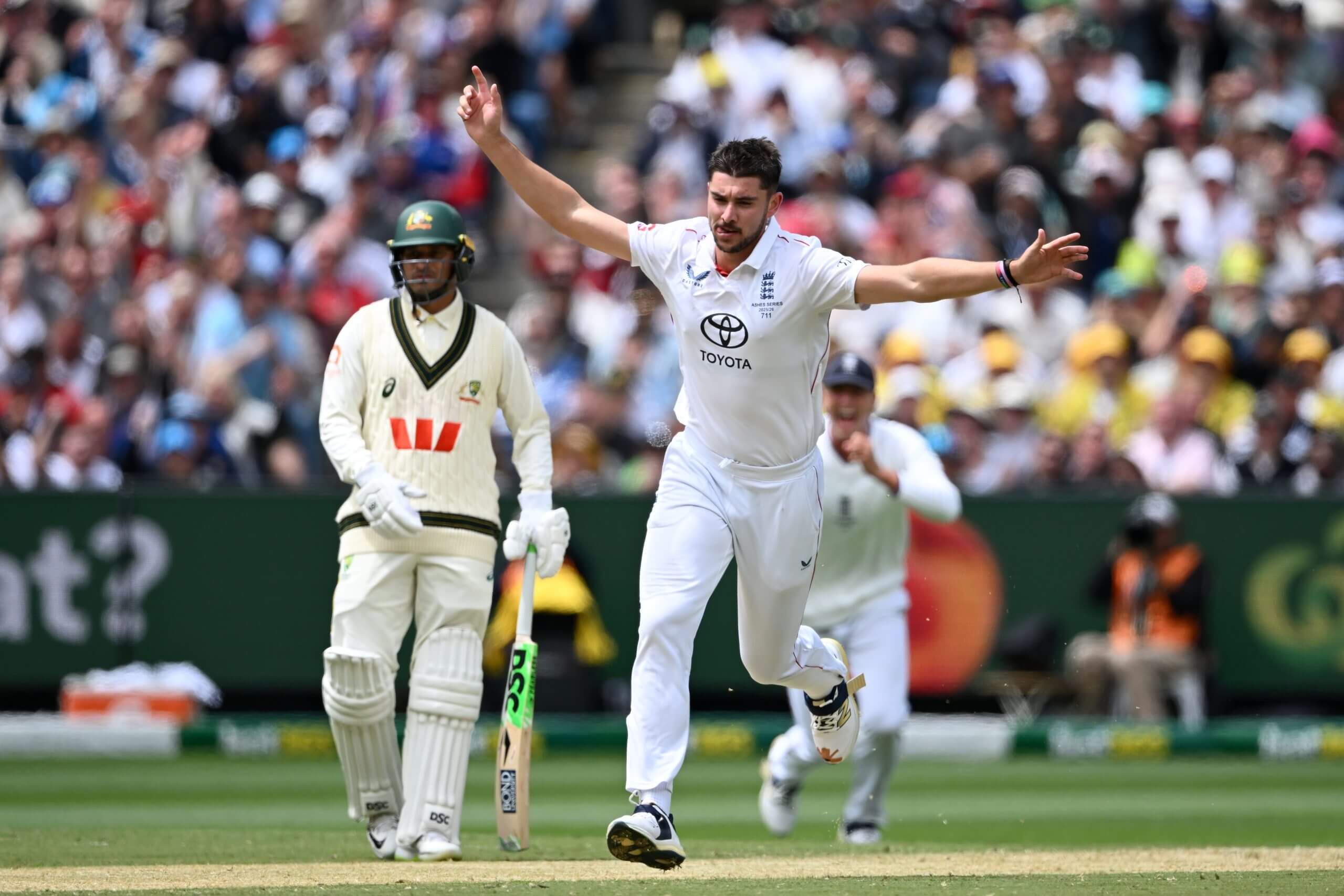 Josh Tongue celebrates bowling Steve Smith