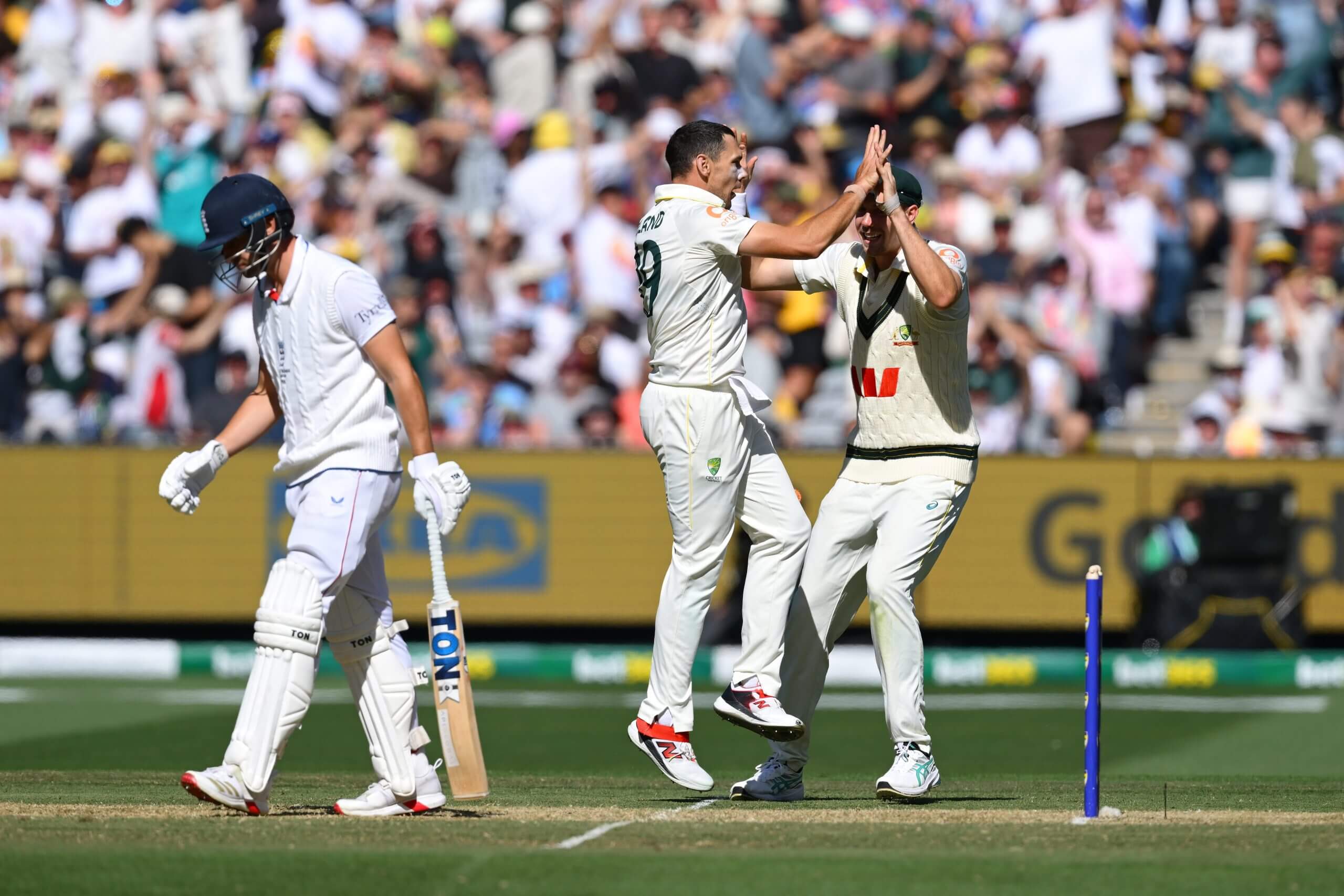 Scott Boland celebrates as Will Jacks departs