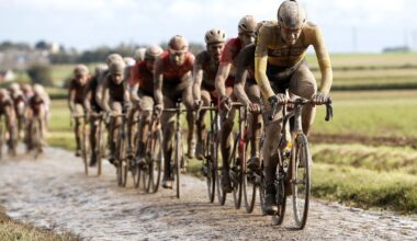 ROUBAIX, FRANCE - OCTOBER 03: Nathan Van Hooydonck of Belgium and Team Jumbo - Visma leads the peloton during the 118th Paris-Roubaix 2021 - Men