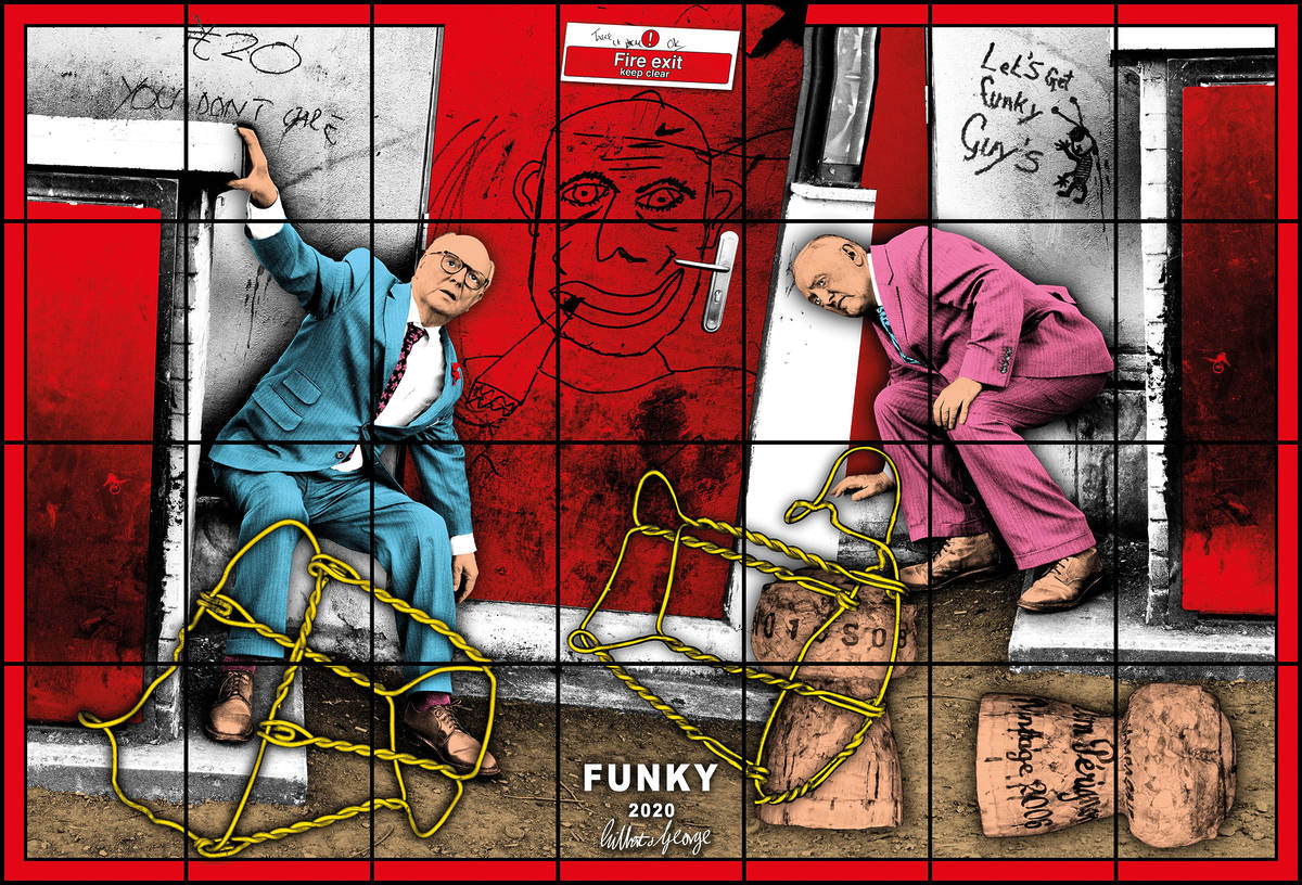 a vibrant artwork by gilbert and george depicting the two artists amidst a nightmarish art studio setting