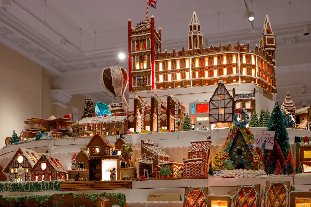 a shot of a portion of the gingerbread city, showing an elaborate palatial building made from confectionary