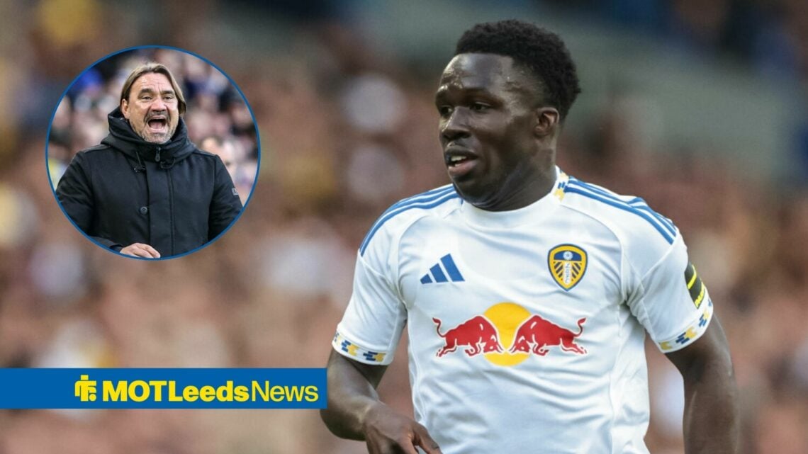 Willy Gnonto playing for Leeds United and Daniel Farke shouting in a round overlay