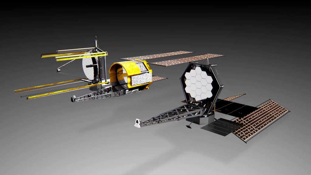 Two space telescopes with solar panel arrays are shown against a plain, dark background. NASA's Habitable Worlds Observatory is represented by one with a hexagonal mirror, highlighting its role in advancing space science.