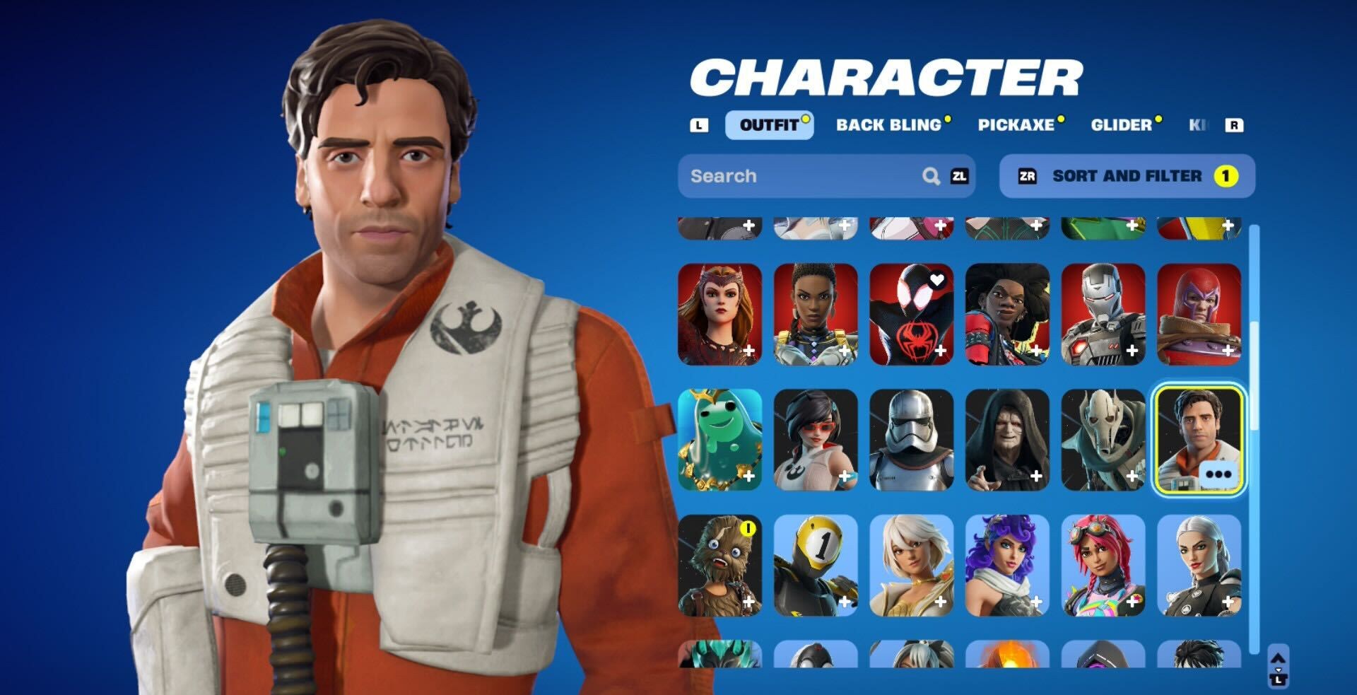 The Fortnite character selection menu depicting Poe Dameron next to an array of icons.