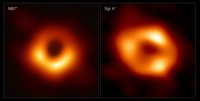 The two images of the first black holes ever photographed, (L) M87* and Saggittarius A*.
