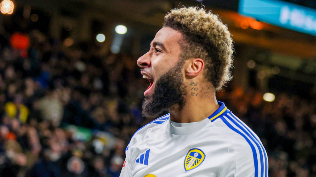 Jayden Bogle celebrates a goal for Leeds.