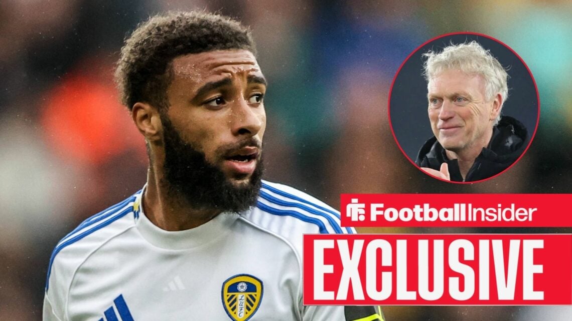 Jayden Bogle in action for Leeds United, with David Moyes in a circular inset