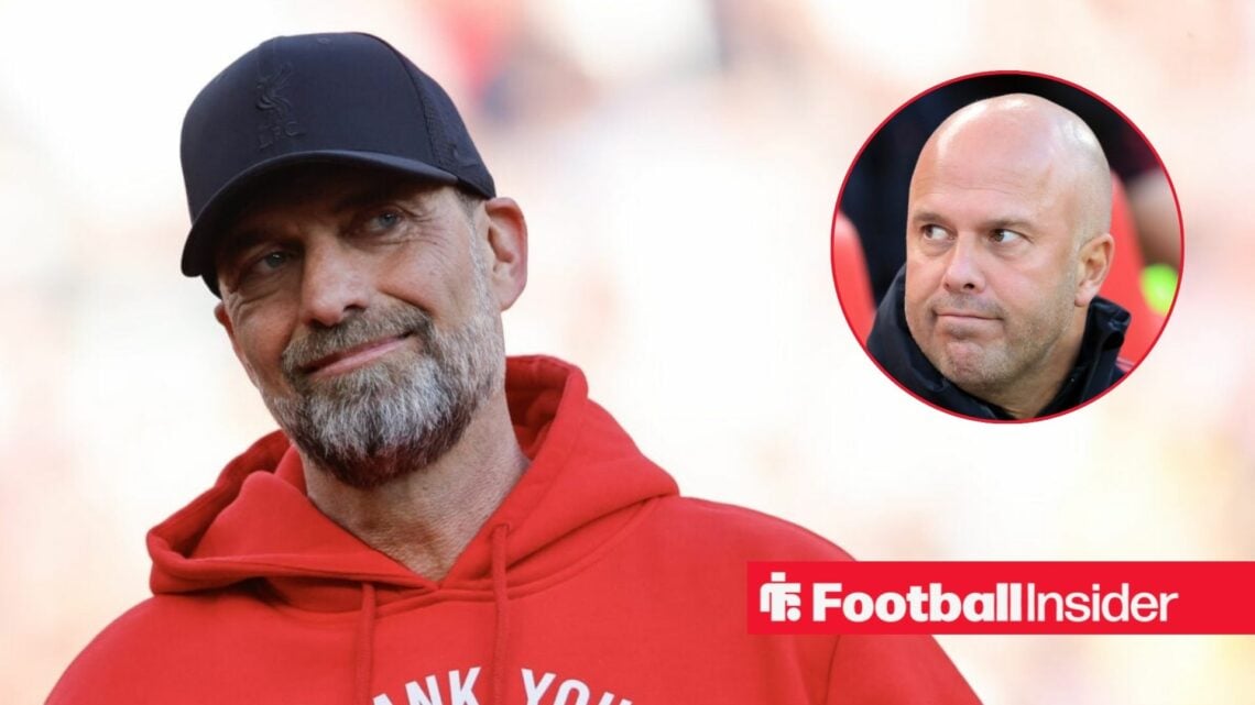 Jurgen Klopp smiling on the left with Arne Slot looking serious on the right