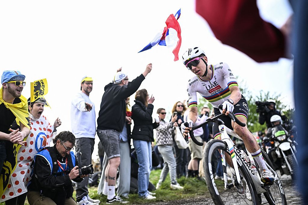 Slovenian Tadej Pogacar of UAE Team Emirates pictured in action during the men elite race of the 'Paris-Roubaix' one day cycling race, 259,2 km from Compiegne to Roubaix, France, on Sunday 13 April 2025. BELGA PHOTO JASPER JACOBS (Photo by JASPER JACOBS / BELGA MAG / Belga via AFP)