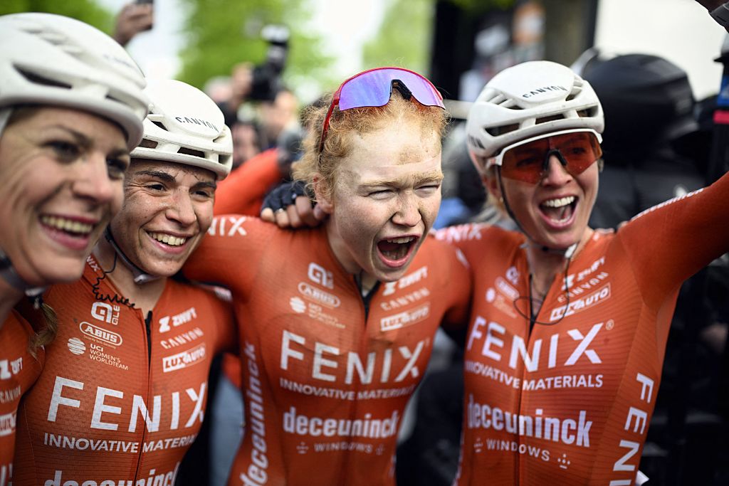 Dutch Puck Pieterse of Fenix-Deceuninck celebrates with teamates after winning the women's race of the 'La Fleche Wallonne', one day cycling race (Waalse Pijl - Walloon Arrow), 140,7 km from Ciney to Huy, Wednesday 23 April 2025. BELGA PHOTO JASPER JACOBS (Photo by JASPER JACOBS / BELGA MAG / Belga via AFP) (Photo by JASPER JACOBS/BELGA MAG/AFP via Getty Images)