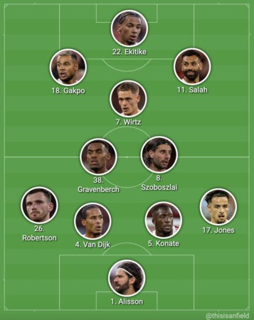 Alisson; Jones, Konate, Van Dijk, Robertson; Gravenberch, Szoboszlai; Salah, Wirtz, Gakpo; Ekitike
